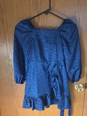 Rare Editions Navy Puff Sleeve Ruffled Wrap Dress